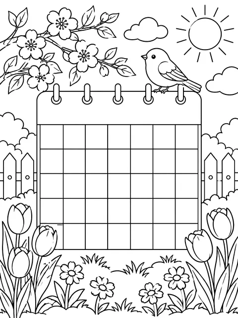 Blank March calendar grid coloring page