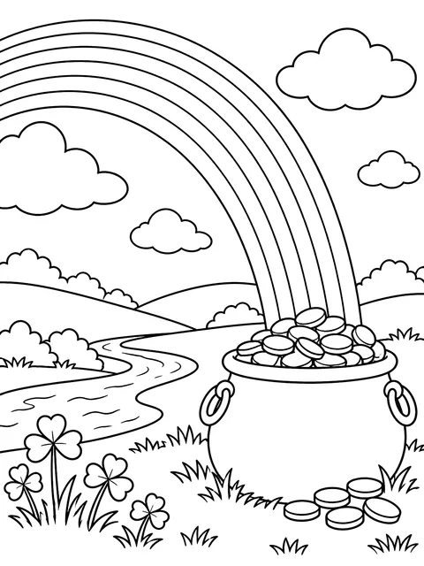 Rainbow ending in a pot of gold coloring page