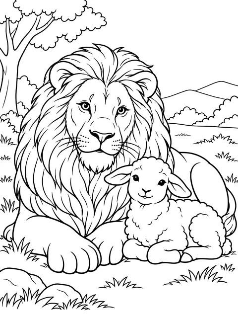 Lion and lamb side by side coloring page