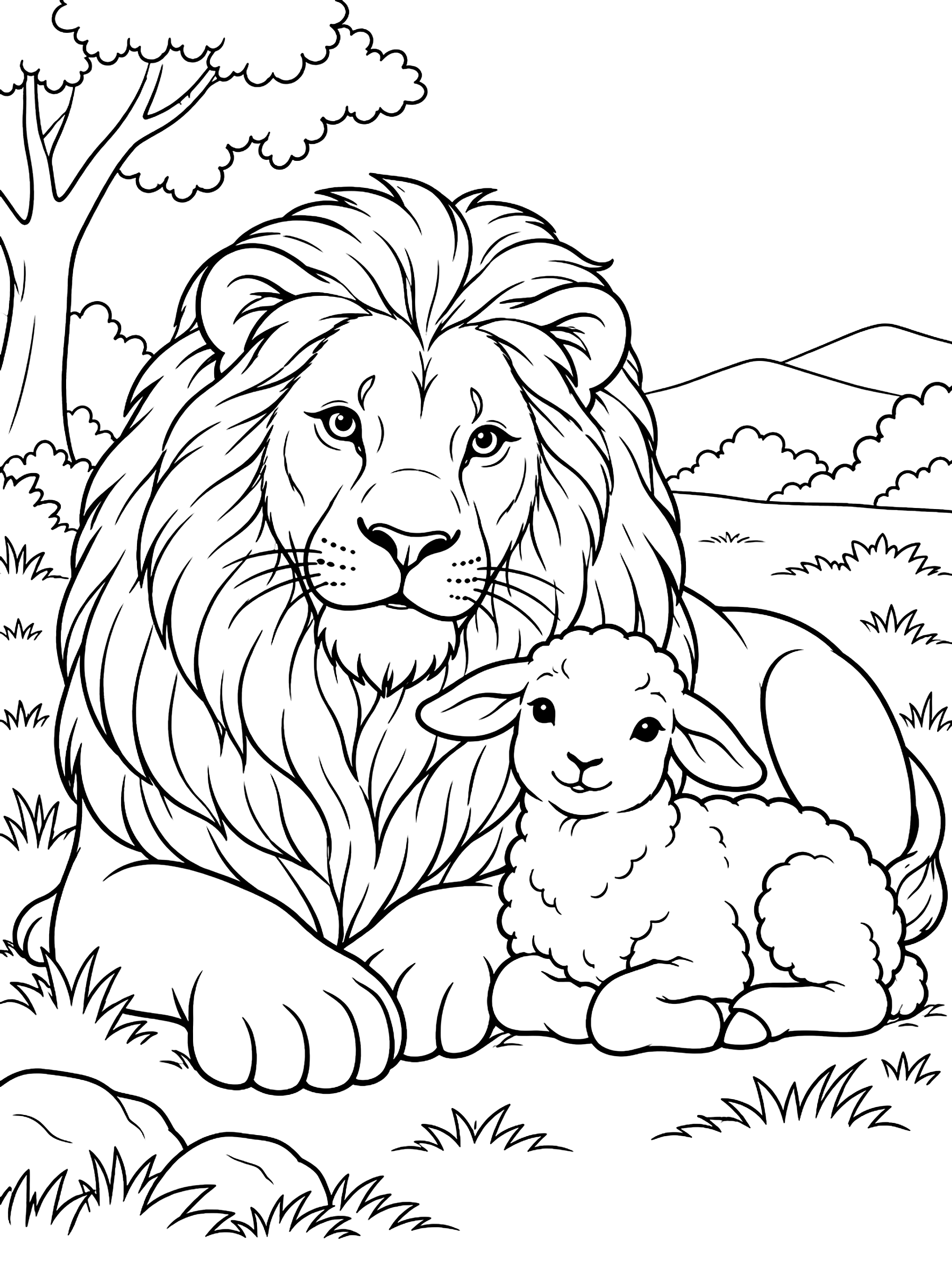 Lion and lamb side by side coloring page