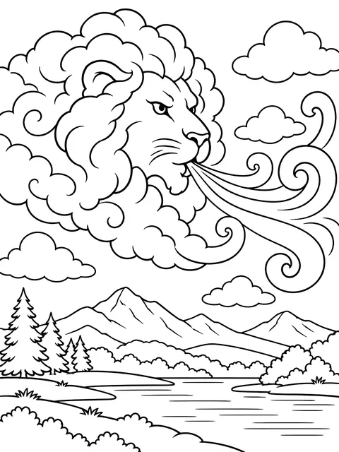 Lion-shaped cloud blowing wind coloring page