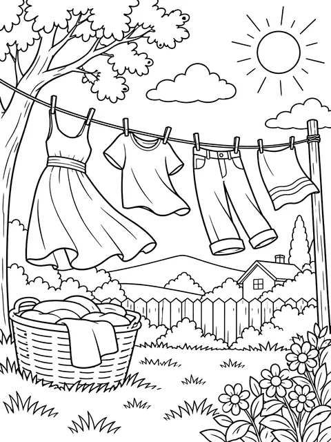 Laundry blowing on a line coloring page