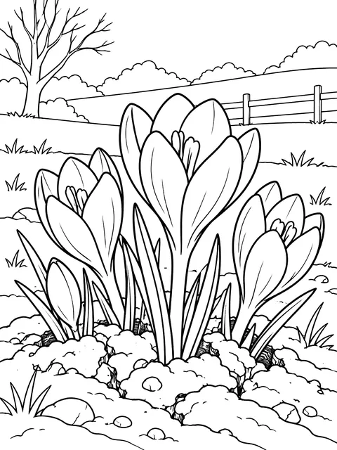 Crocuses breaking through the mud coloring page