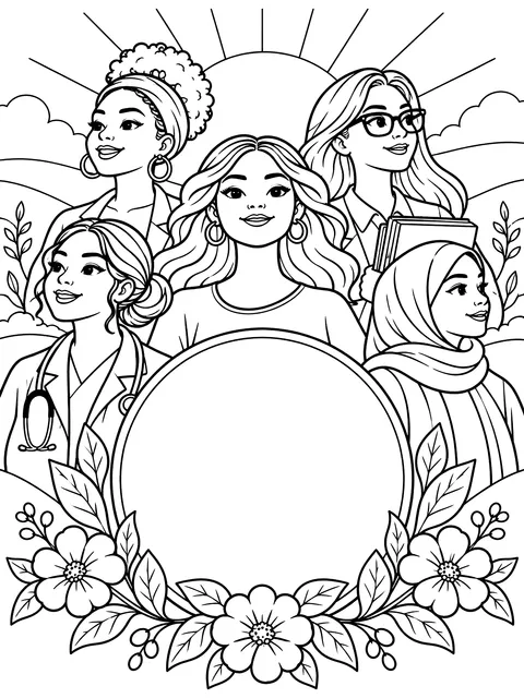 Women's History Month title page with a blank frame coloring page
