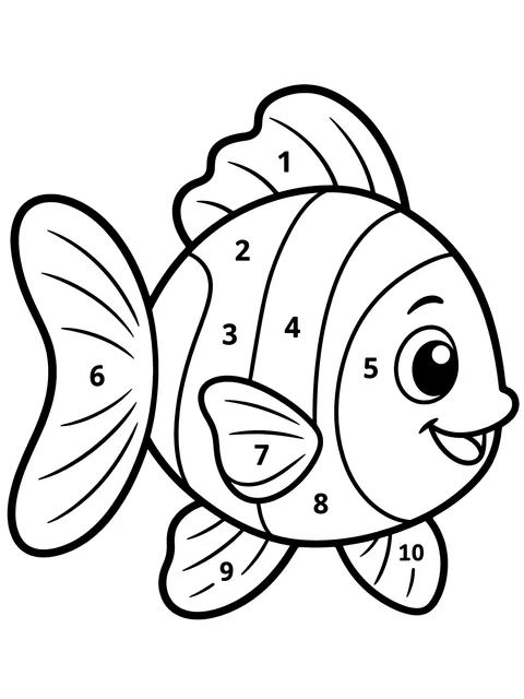 Easy Color by number 1 to 10 fish coloring page