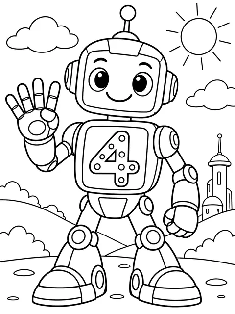 Multiplication by 4 robot coloring page