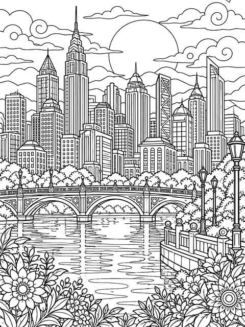 Detailed Two-digit addition city skyline coloring page