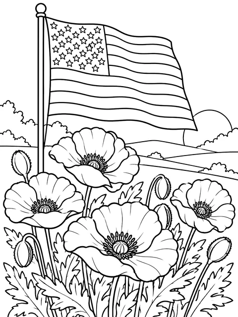 Flag with poppies for Memorial Day coloring page