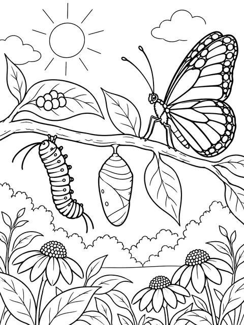 Butterfly life cycle on a branch coloring page