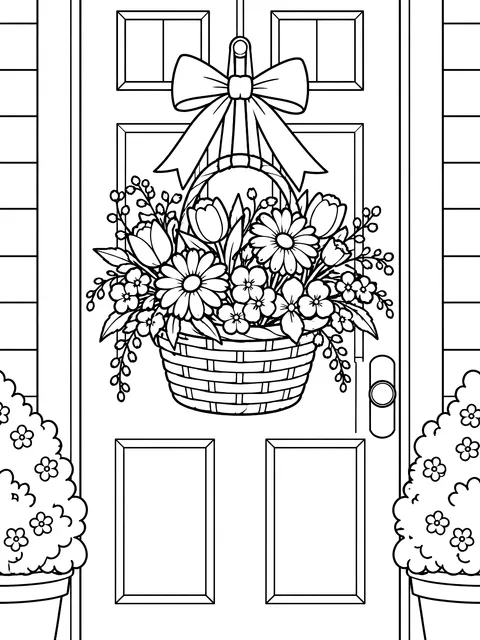 May Day flower basket on a door coloring page