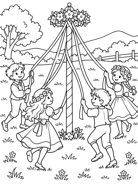 Maypole with ribbons coloring page