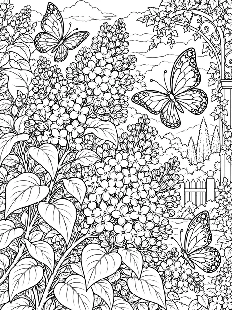 Detailed Lilac bush with butterflies coloring page