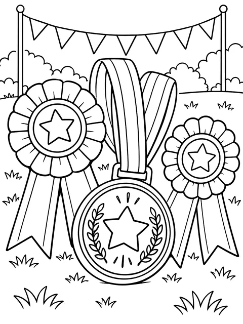 Field day ribbons and a medal coloring page