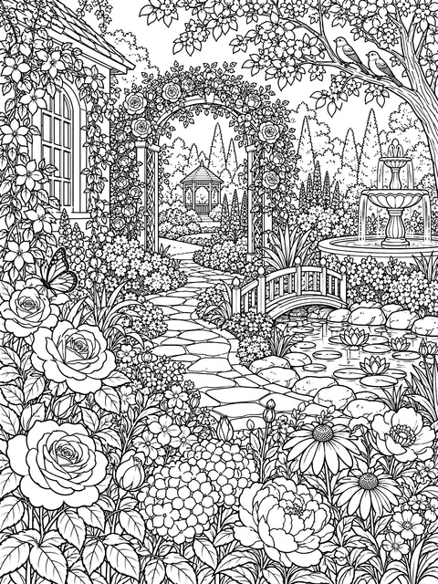 Detailed Detailed garden in full bloom coloring page