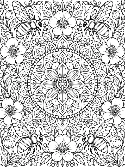 Detailed May mandala with flowers and bees coloring page