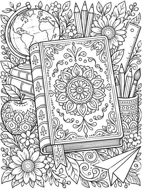 Detailed School year memory book cover with doodles coloring page