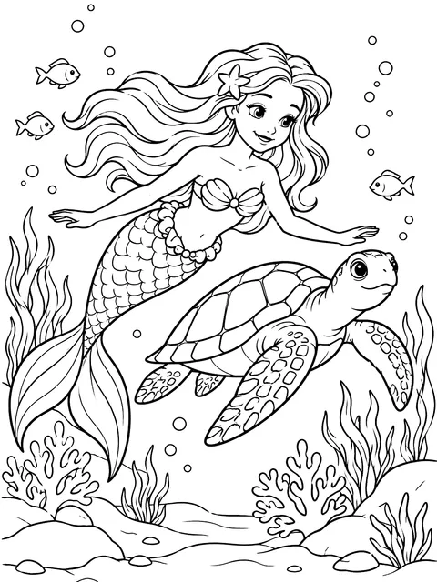Mermaid swimming beside a sea turtle coloring page