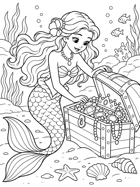 Mermaid opening a treasure chest coloring page