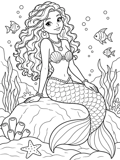 Mermaid with curly hair and pearls coloring page