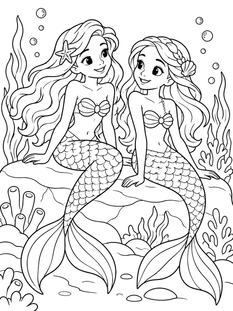 Two mermaid friends coloring page