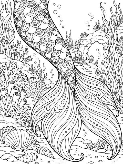 Detailed Mermaid tail in close-up with detailed scales coloring page