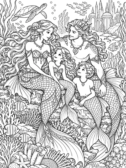 Detailed Merfolk family on a coral reef coloring page