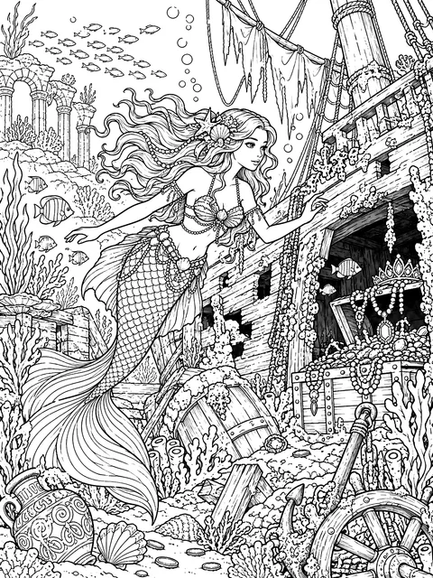 Detailed Mermaid exploring a sunken ship coloring page