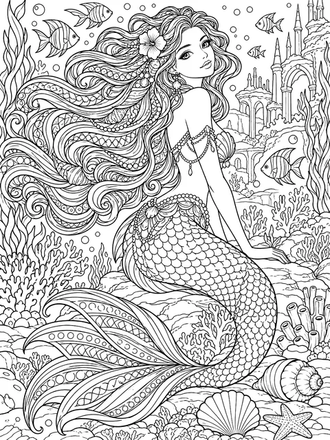 Detailed Mermaid with pattern-filled flowing hair coloring page