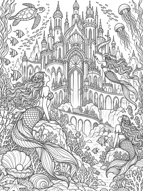 Detailed Underwater castle with mermaids coloring page