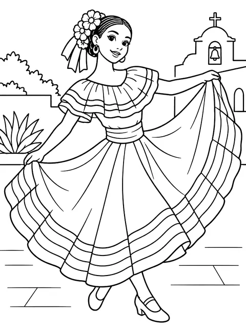 Folklórico dancer with a ribboned skirt coloring page
