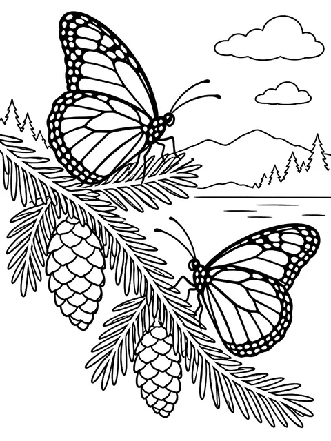 Monarch butterflies on a fir branch coloring page