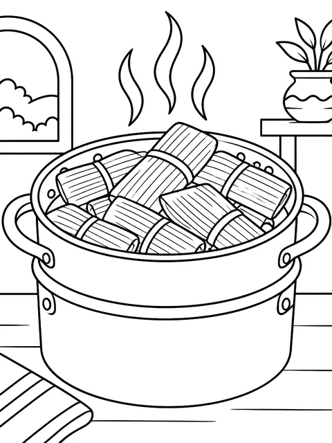 Tamales in a steamer pot coloring page