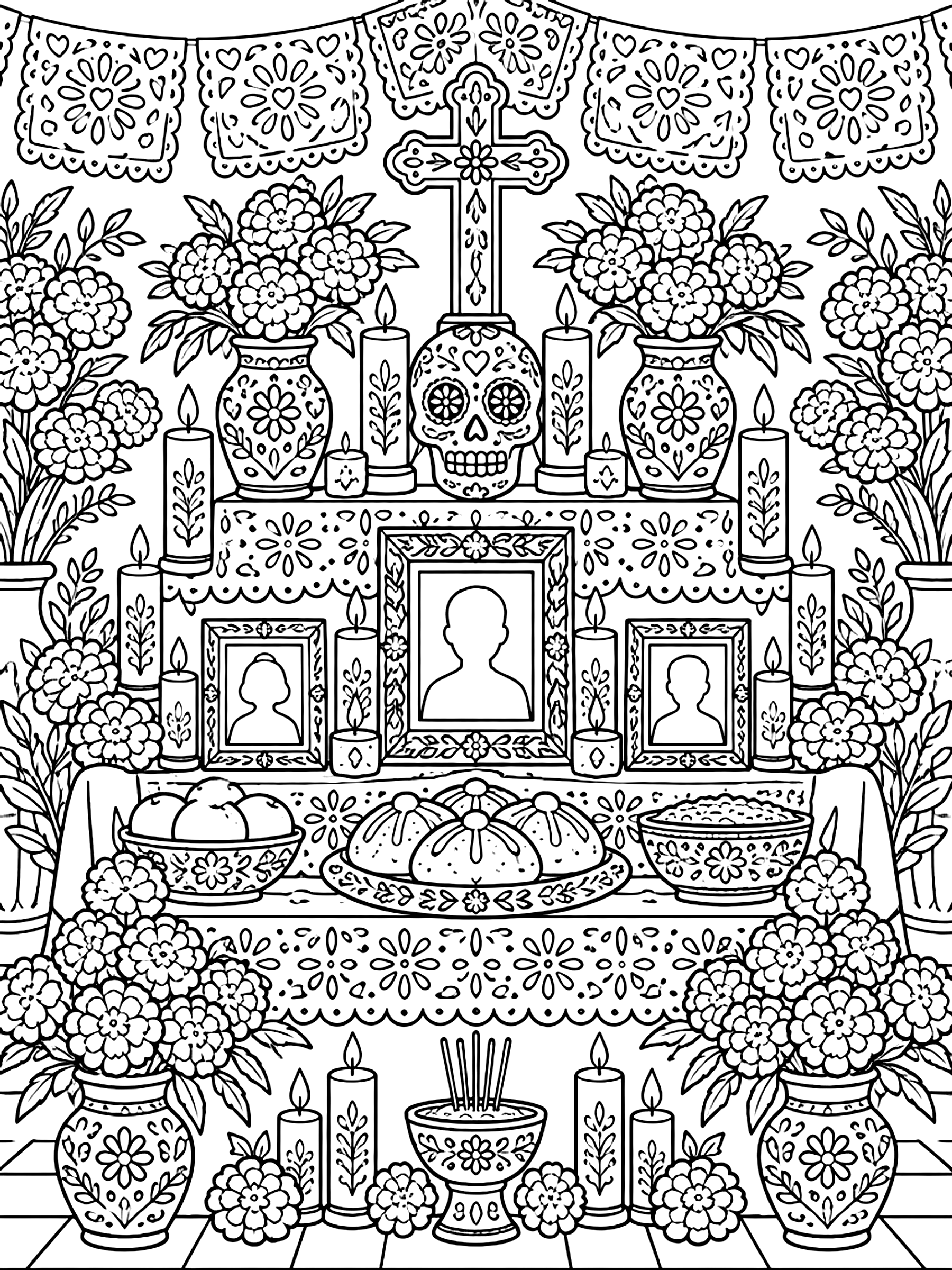 Detailed Day of the Dead ofrenda coloring page