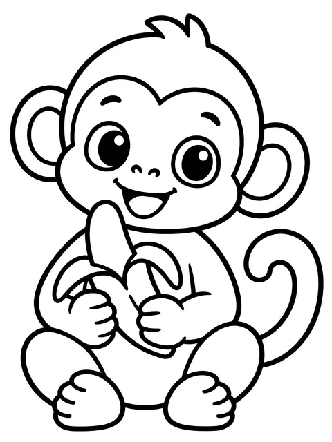 Easy Baby monkey with a banana coloring page