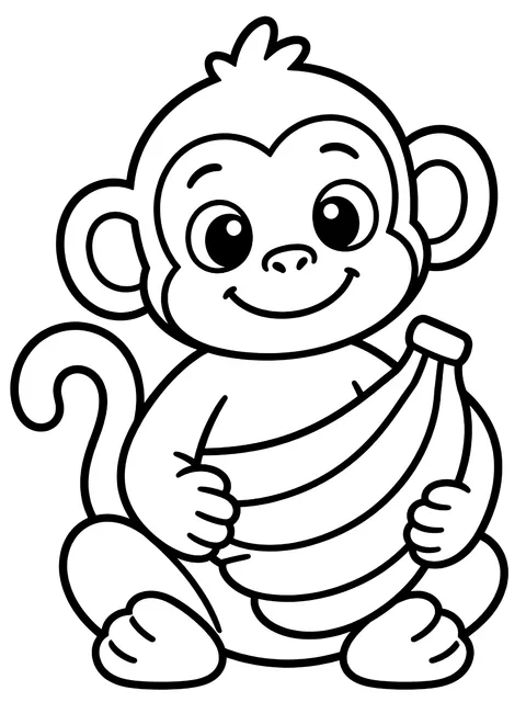 Easy Monkey sitting with a bunch of bananas coloring page