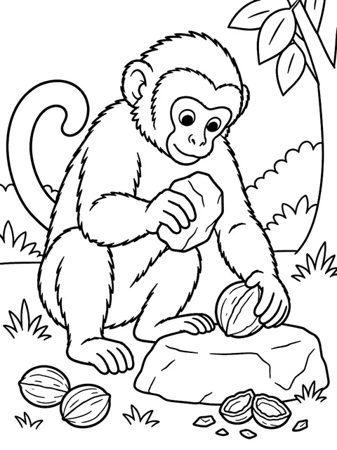 Capuchin cracking a nut with a stone coloring page