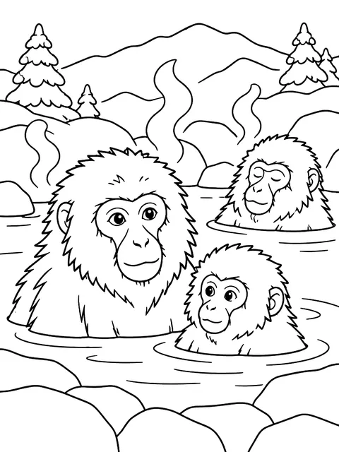 Snow monkeys in a hot spring coloring page