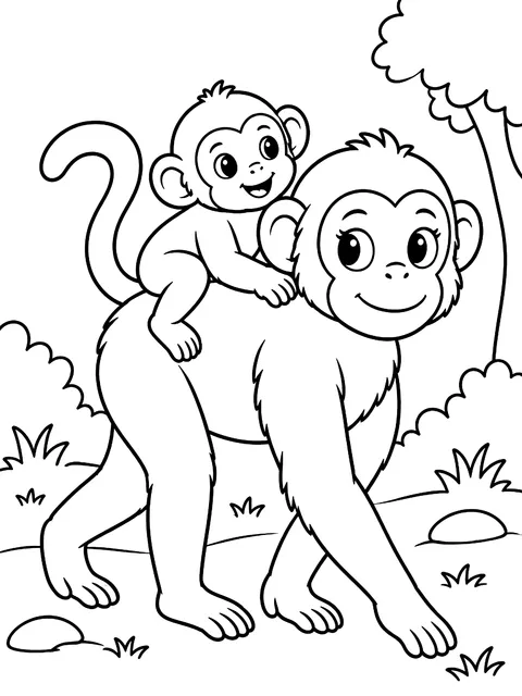 Baby monkey riding on its mother's back coloring page