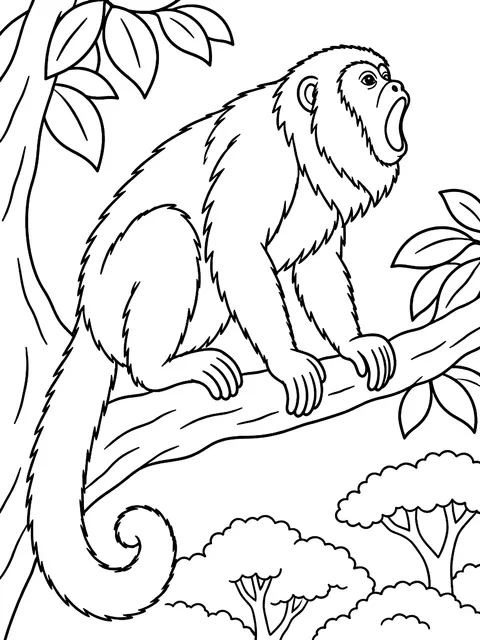 Howler monkey calling from a treetop coloring page