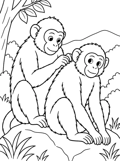 Two monkeys grooming coloring page