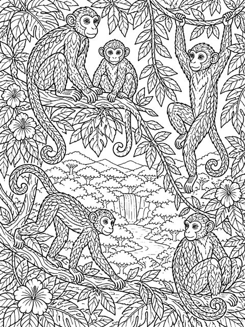 Detailed Monkey troop in the jungle canopy coloring page