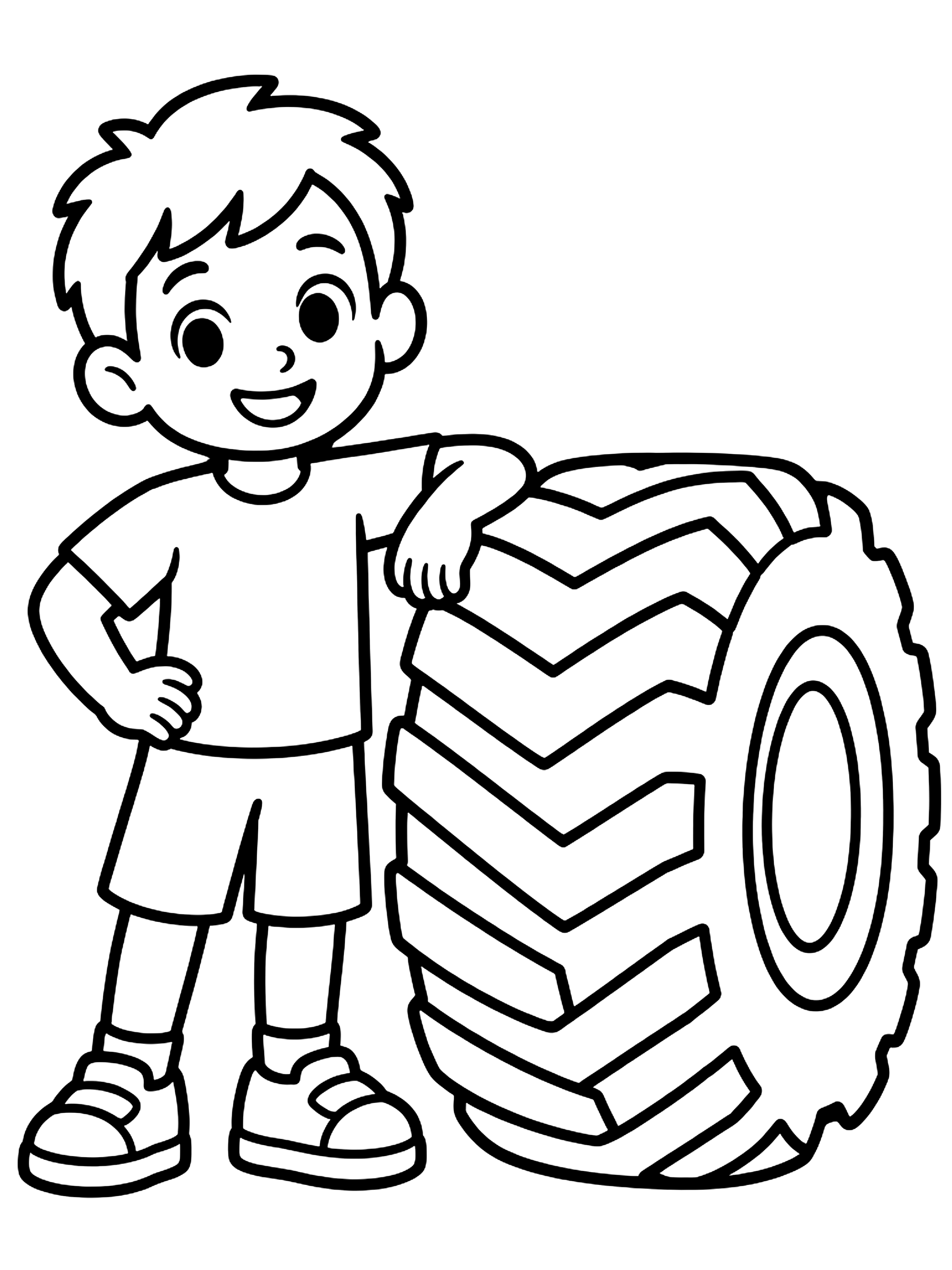 Easy Child standing next to a monster truck tire coloring page