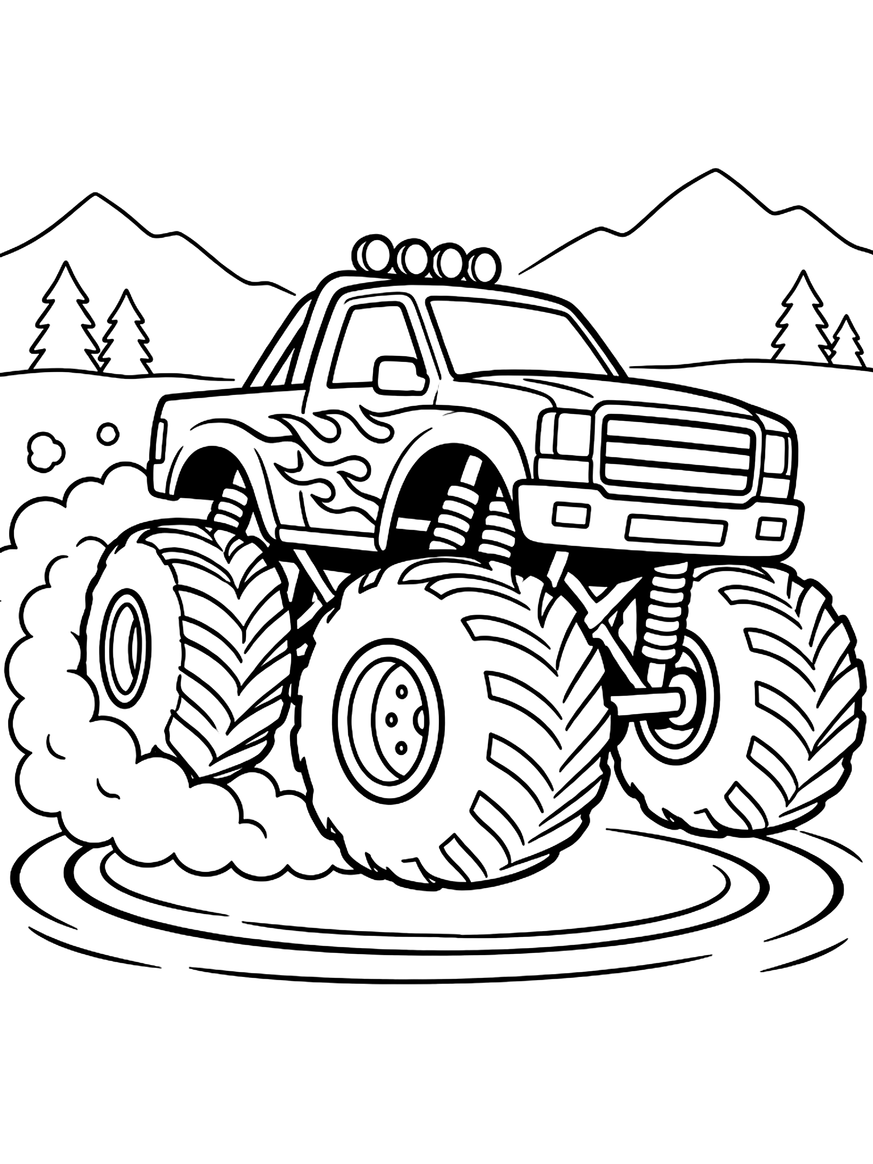Monster truck spinning a donut coloring page