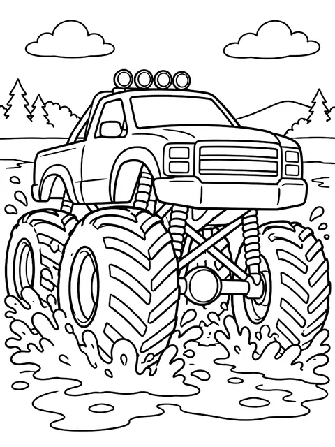 Monster truck splashing through mud coloring page