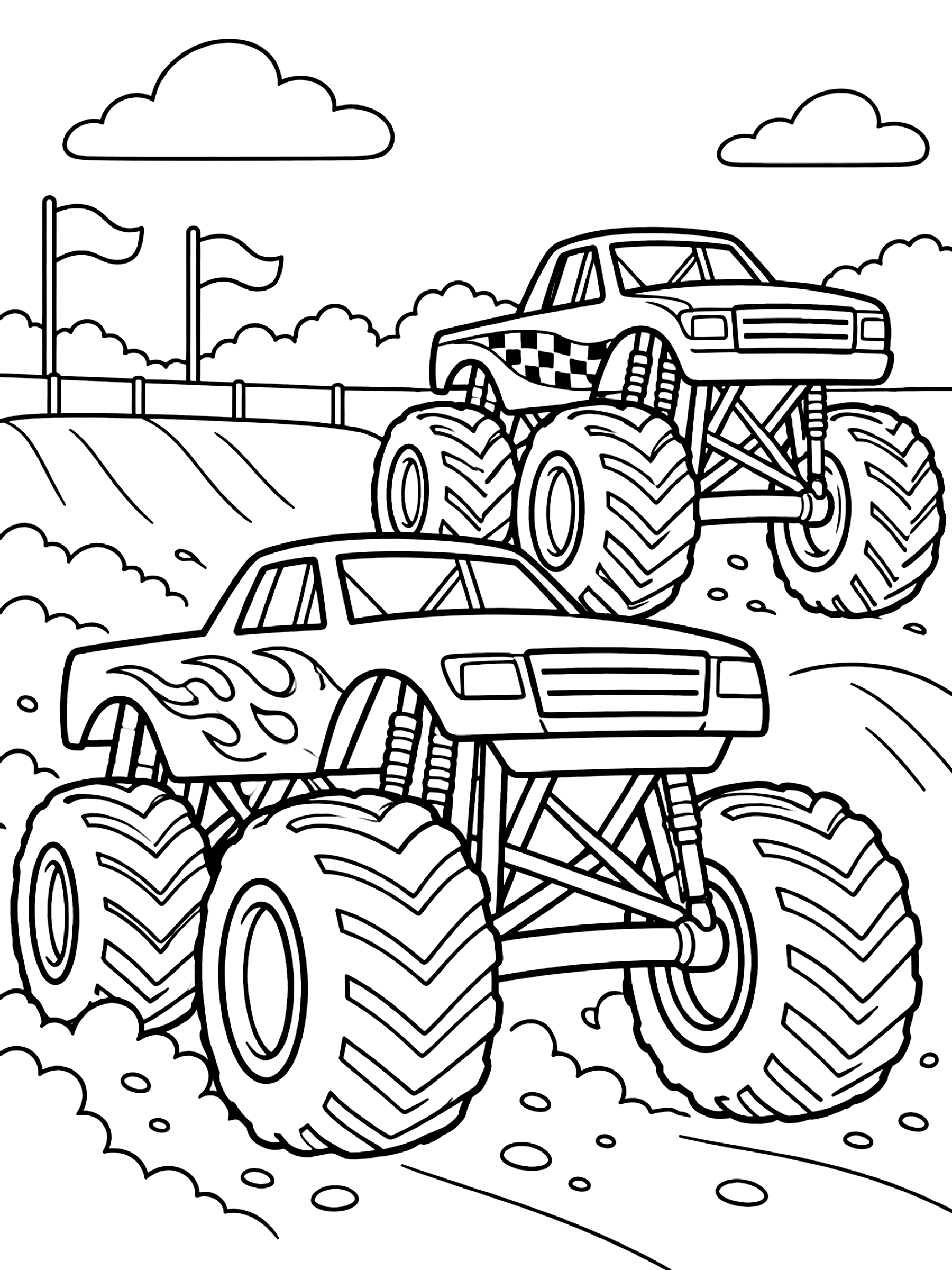 Two monster trucks racing coloring page