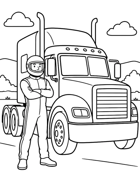 Driver in a helmet beside the truck coloring page