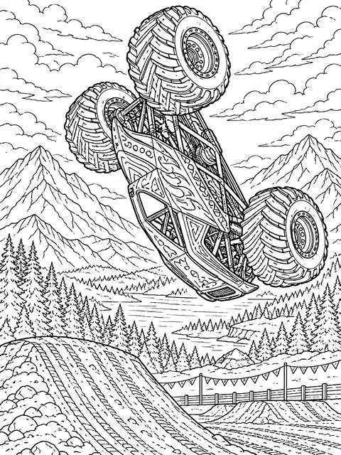 Detailed Monster truck in the middle of a backflip coloring page