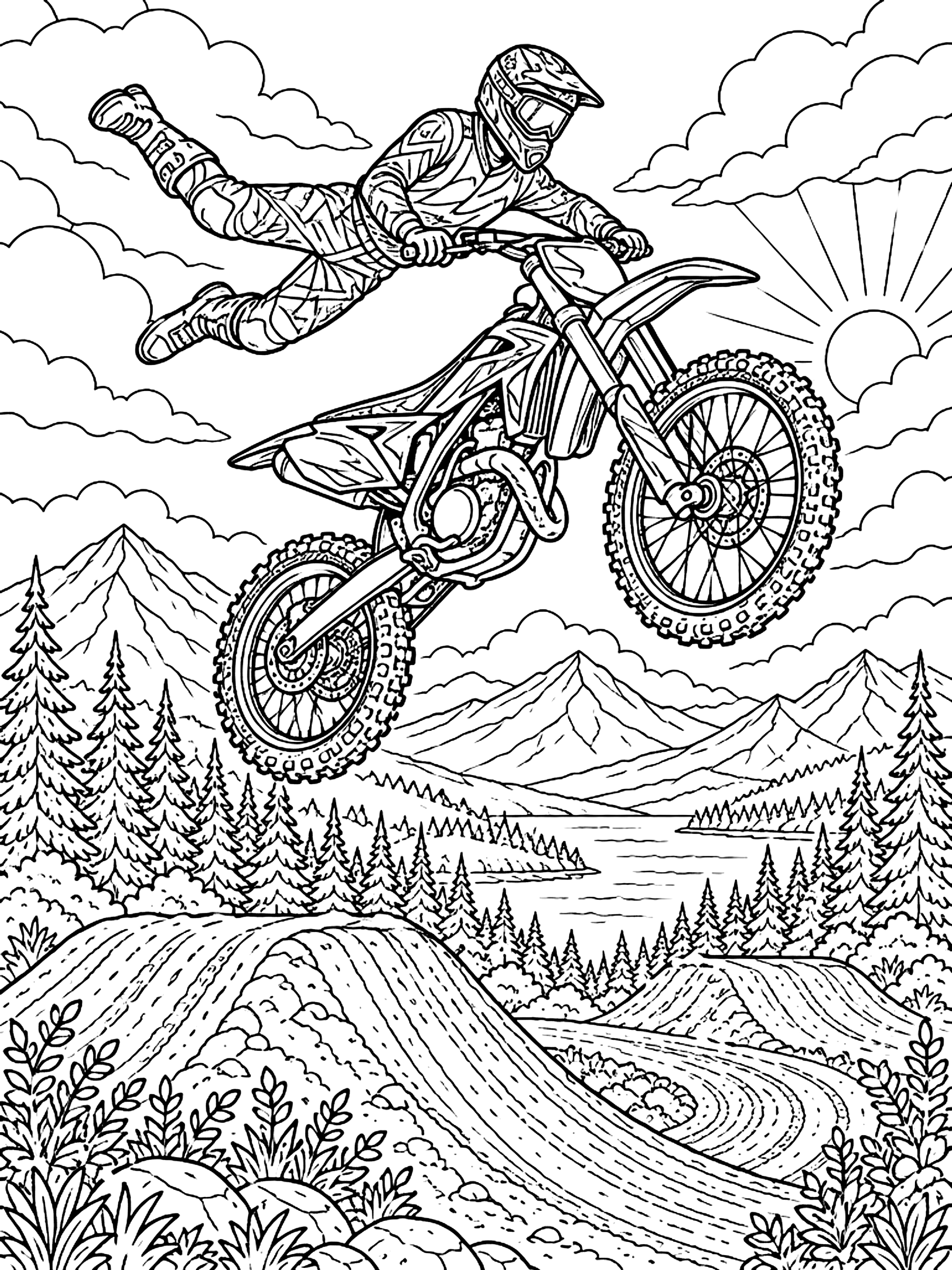 Detailed Freestyle run over dirt hills coloring page