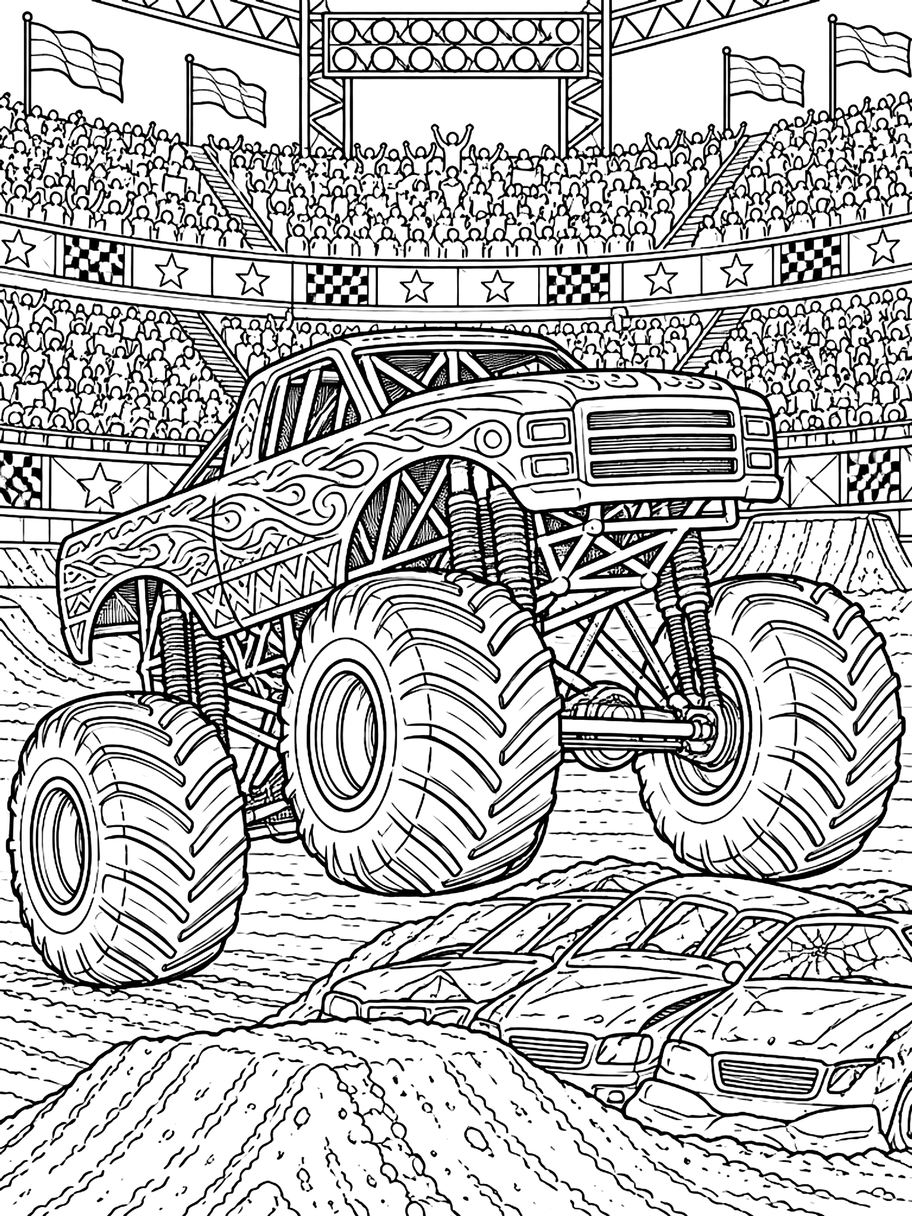 Detailed Monster truck arena with a crowd coloring page