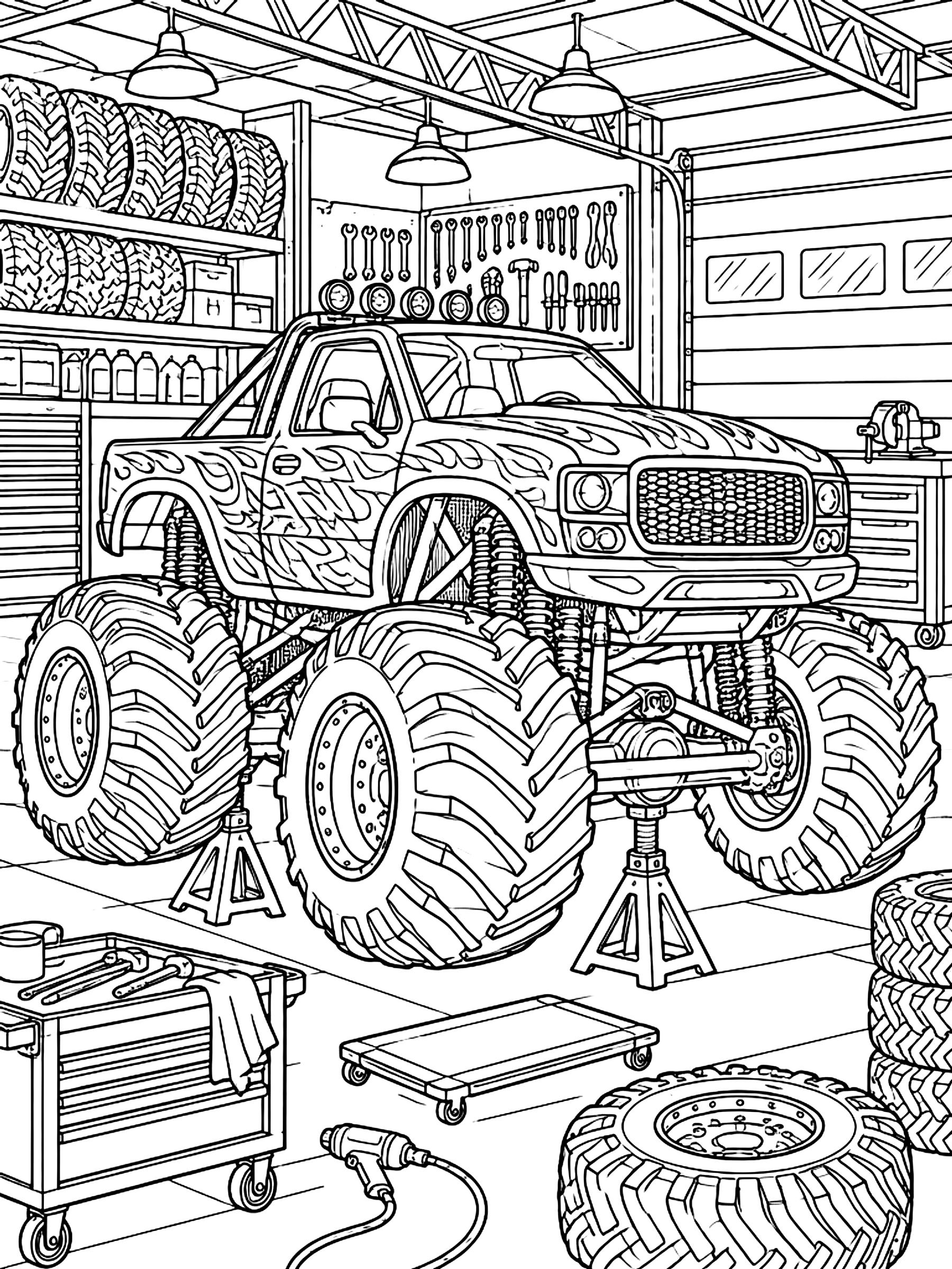 Detailed Monster truck in the repair garage coloring page